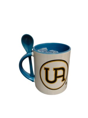 TAZA BLANCA CON SUBLIMIDADO "UA"CON CUCHARA EN EL ASA